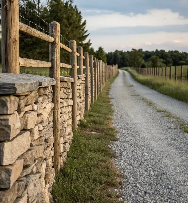 Vallado exterior con postes de madera junto a un muro de piedra y un camino